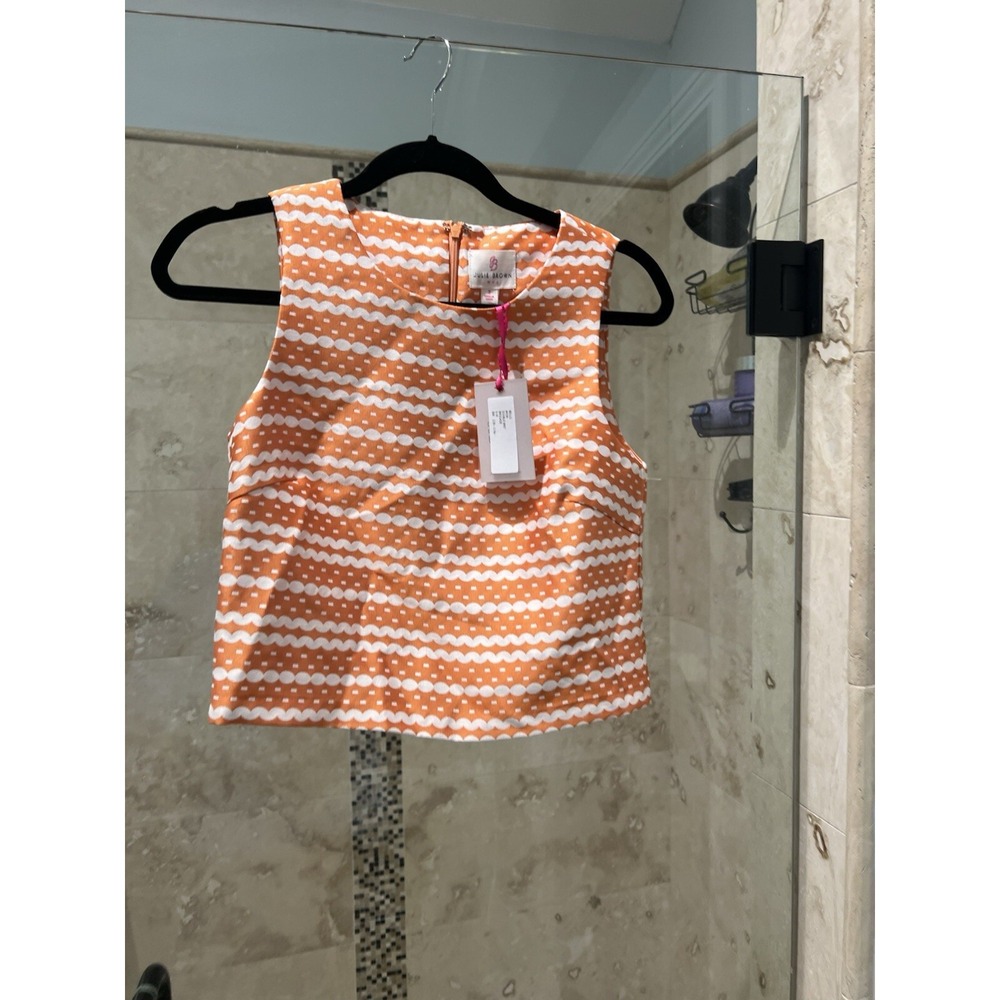 Julie Brown NYC Womens 2 Crop Jacquard Blouse Sleeveless Orange White Bello NEW